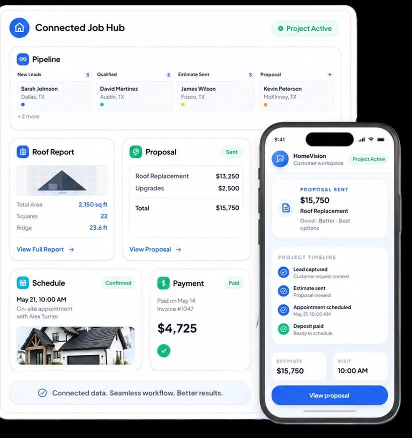 Home Vision connected job hub dashboard with pipeline, roof report, proposal, schedule, and payment cards alongside a mobile proposal view.